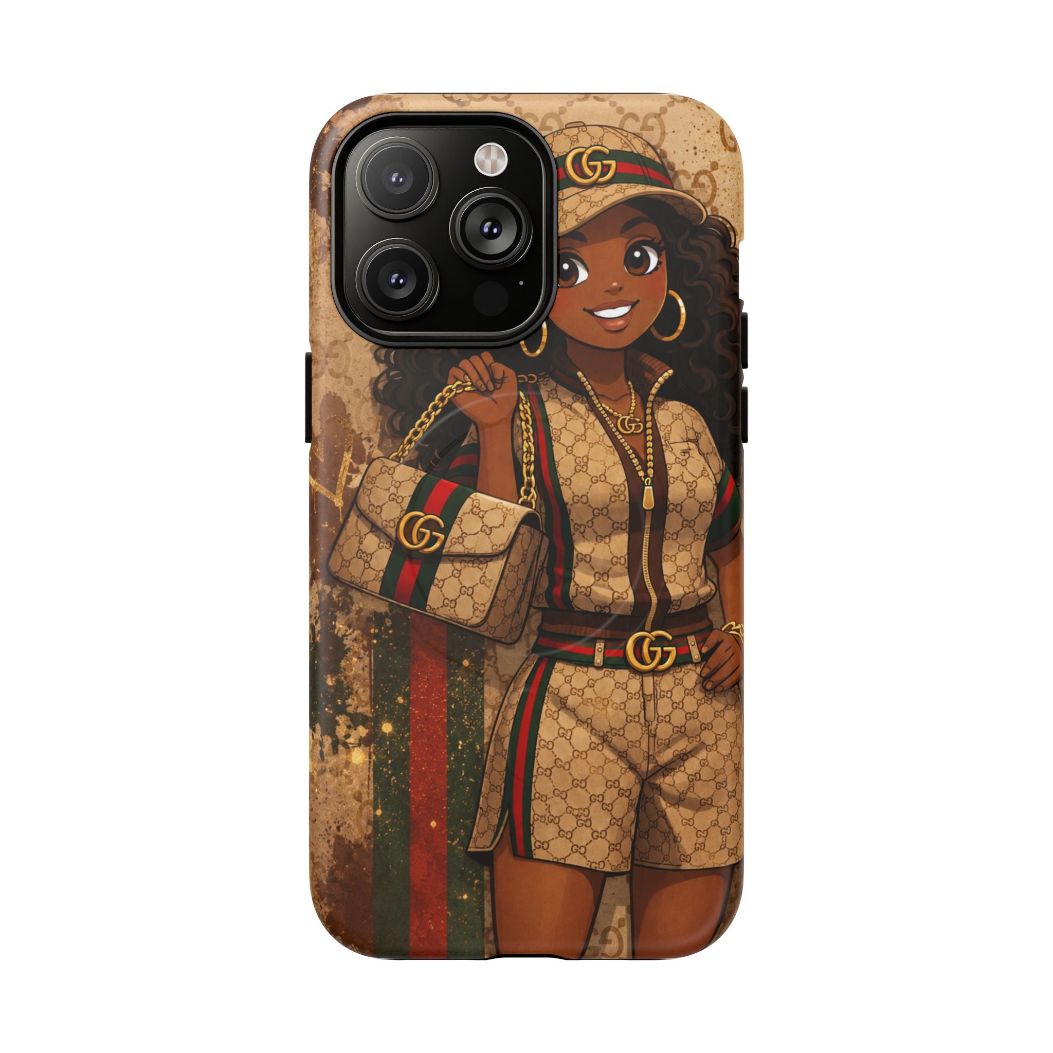 Phone case with gold-brown portrait artwork, black camera module, and exposed side button