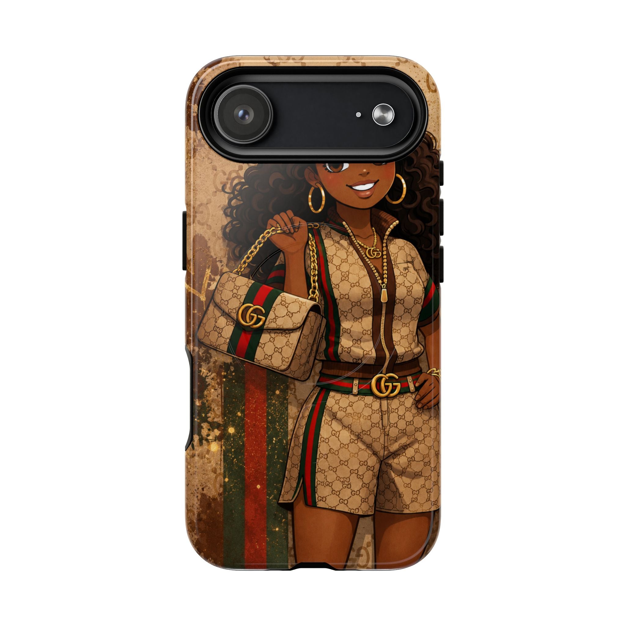 Designer-style phone case with cartoon girl, black camera panel, beige and brown patterned artwork.