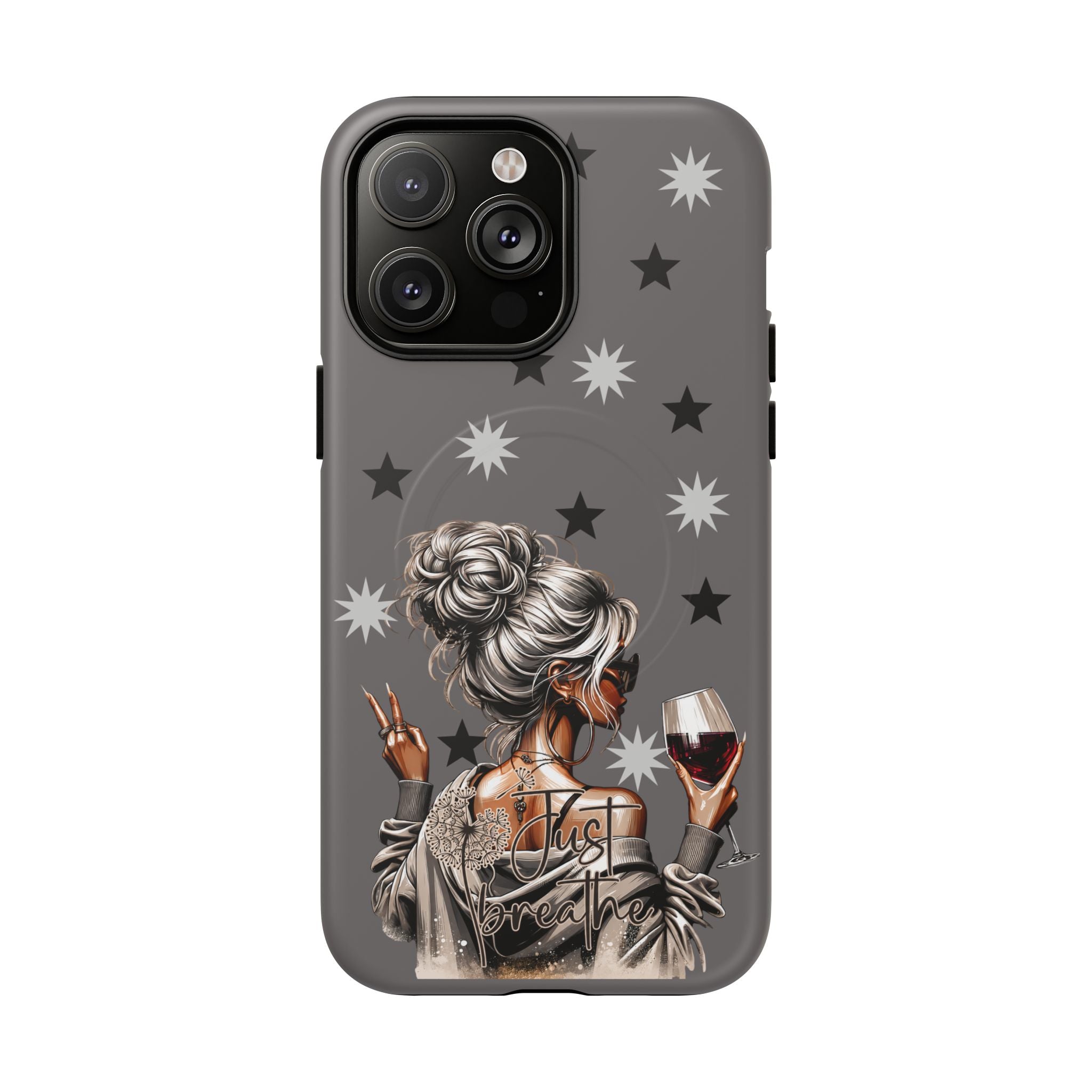 Dark gray phone case with star pattern and illustrated woman holding wine, Just Breathe text
