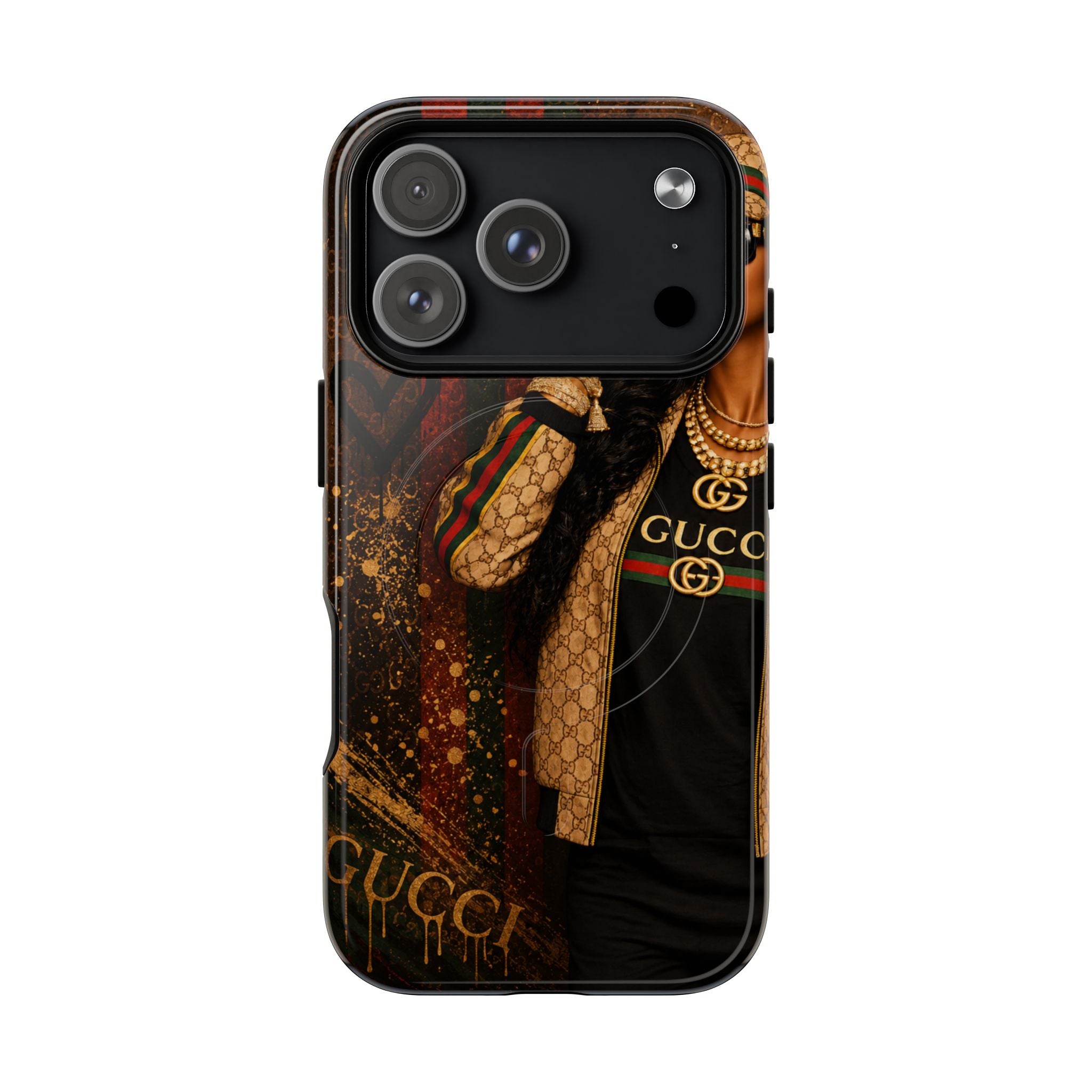 Tough magnetic phone case with Gucci logo print, dark brown/black artwork and dual camera lenses