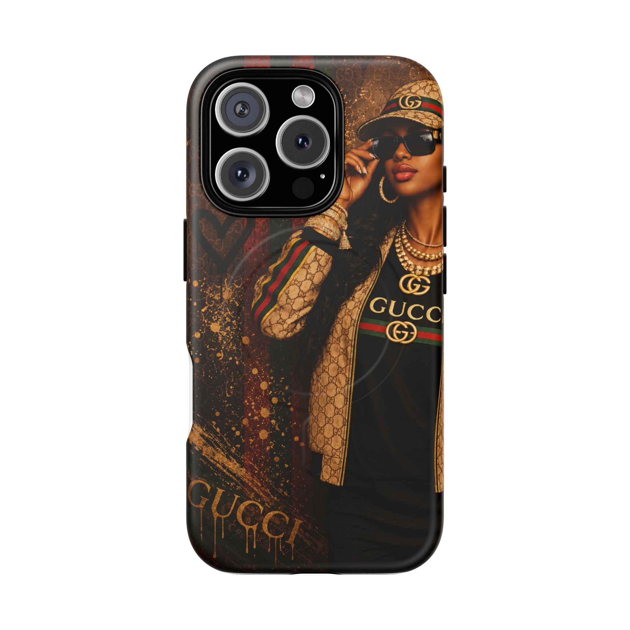 Tough magnetic phone case, Gucci gold/black street design, triple-lens cutout