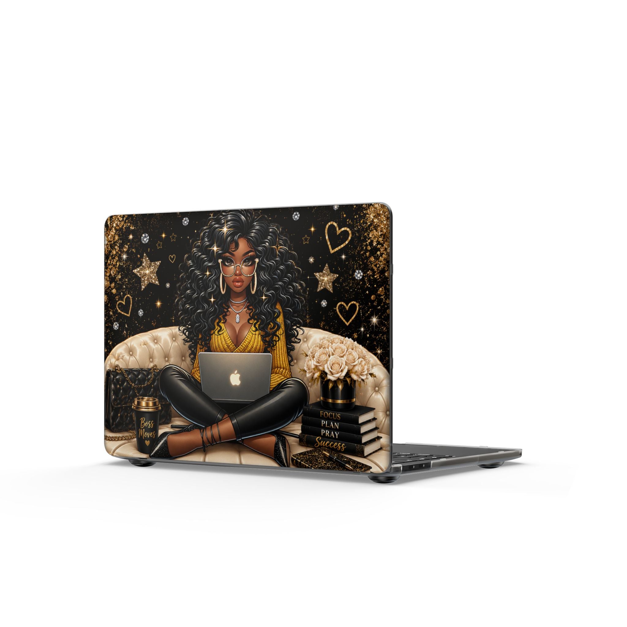 Black Curly Hair Woman with Laptop MacBook Case | Glam Gold Hearts
