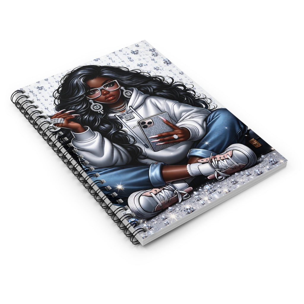 Stylish Curly-Haired Girl Hoodie Illustration Spiral Notebook | Ruled
