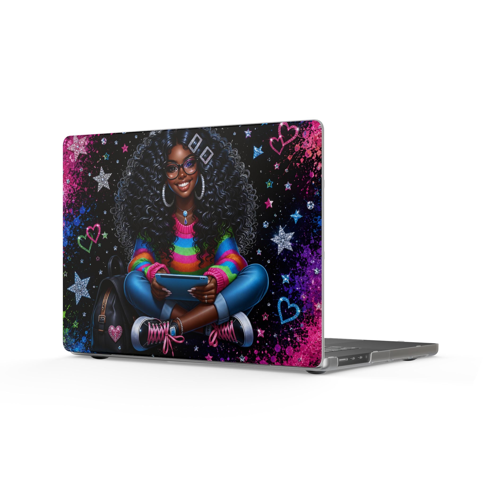 Afro Girl with Rainbow Sweater MacBook Case | Cute Star & Heart Laptop Skin