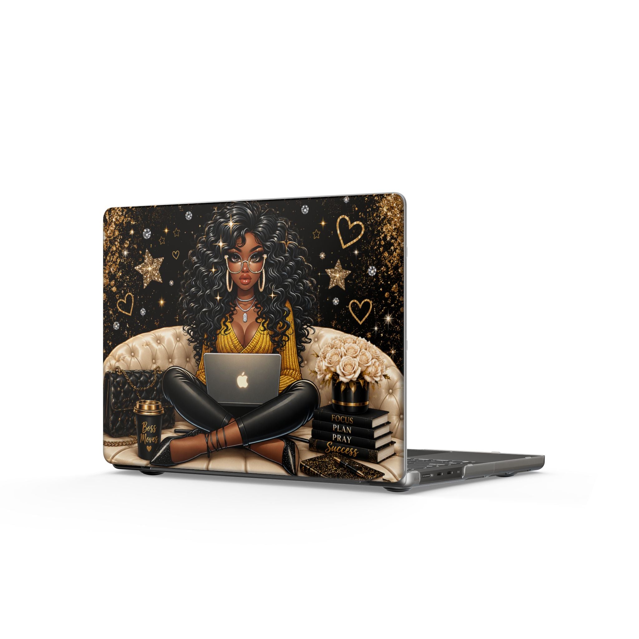 Black Curly Hair Woman with Laptop MacBook Case | Glam Gold Hearts