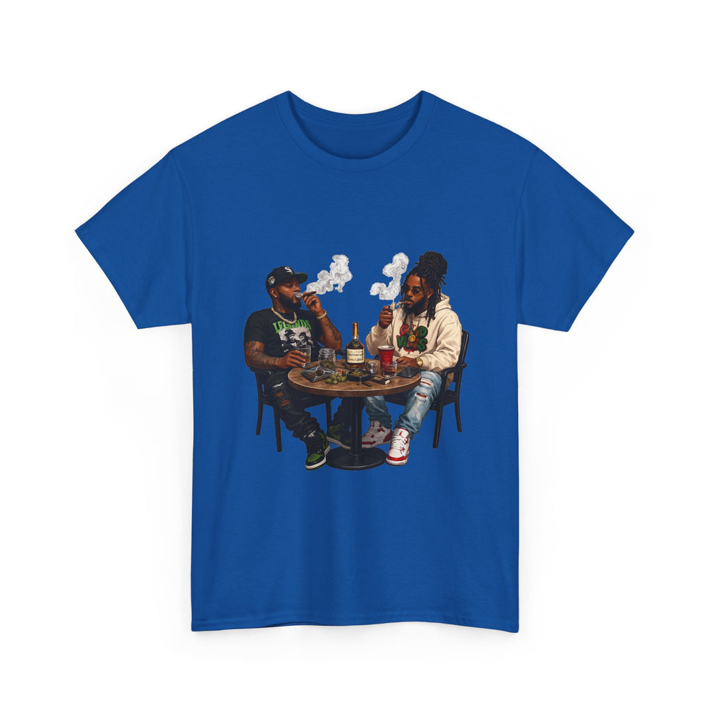 Two Friends Smoking at Table Tee | Casual Scene, Retro Illustration