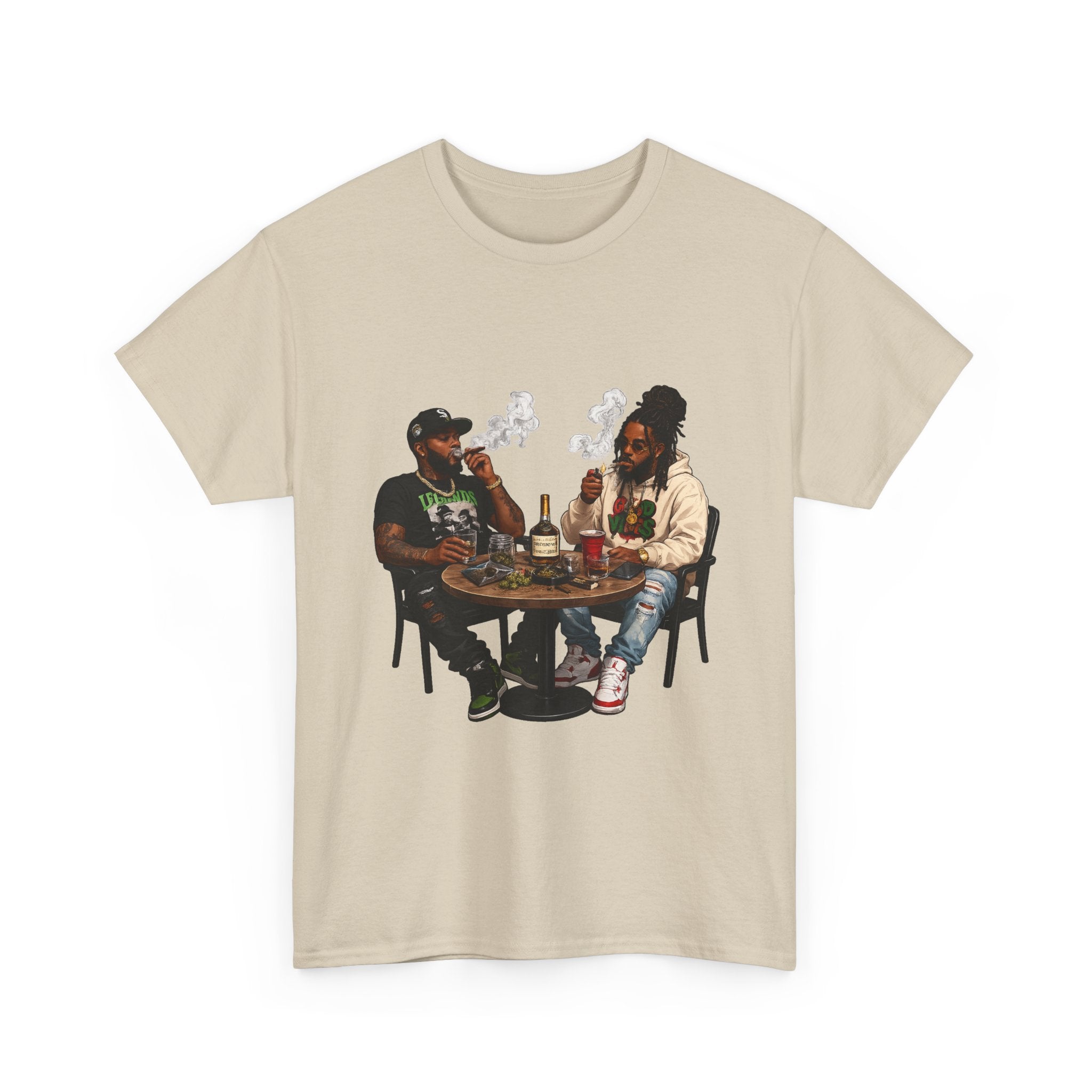 Two Friends Smoking at Table Tee | Casual Scene, Retro Illustration