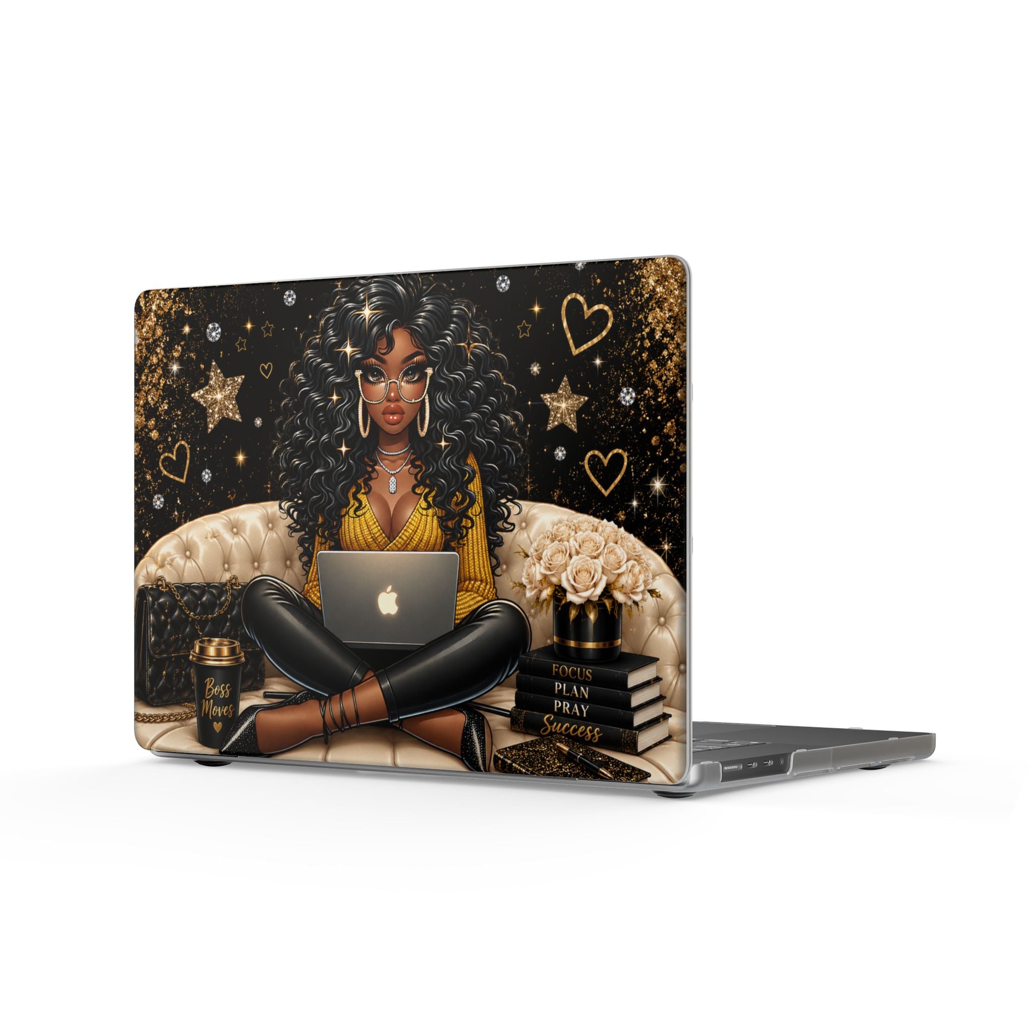 Black Curly Hair Woman with Laptop MacBook Case | Glam Gold Hearts