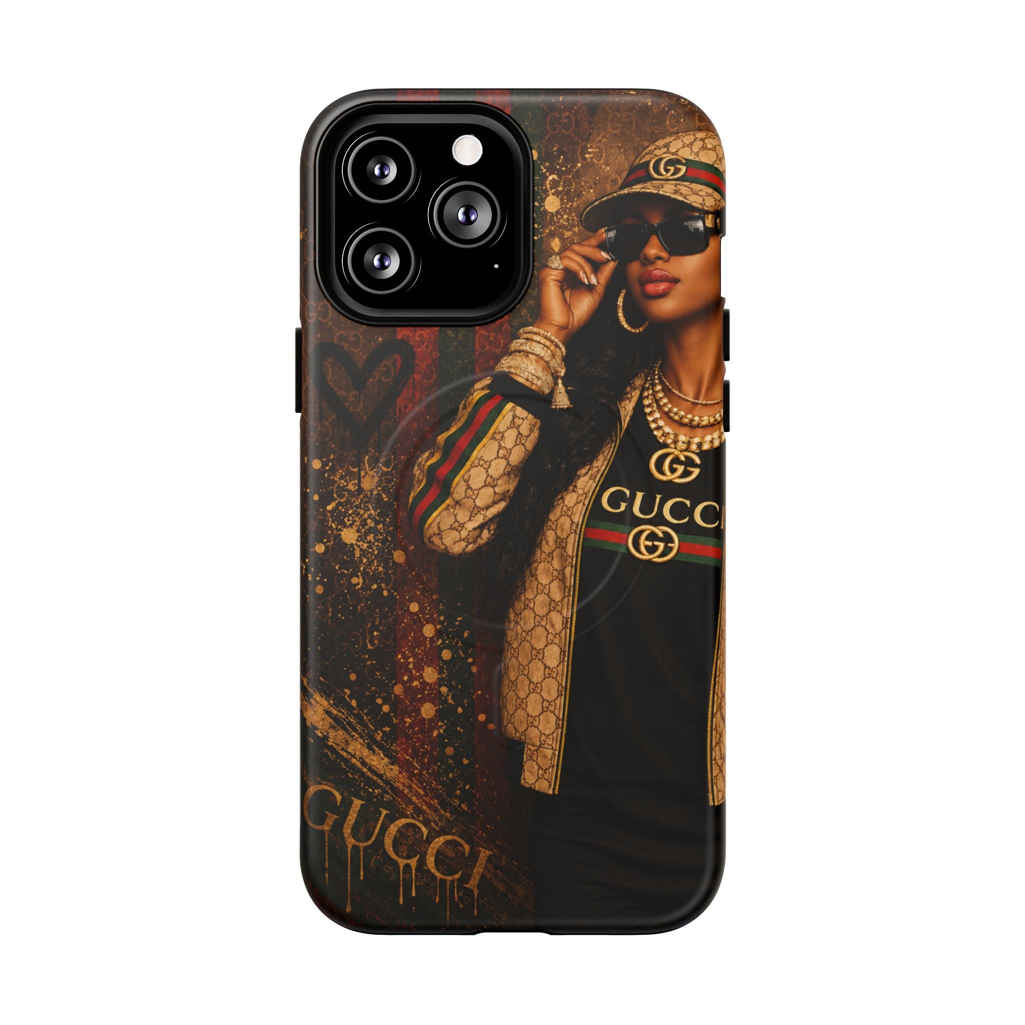 Black luxury phone case with Gucci portrait design, triple camera cutouts, protective edges