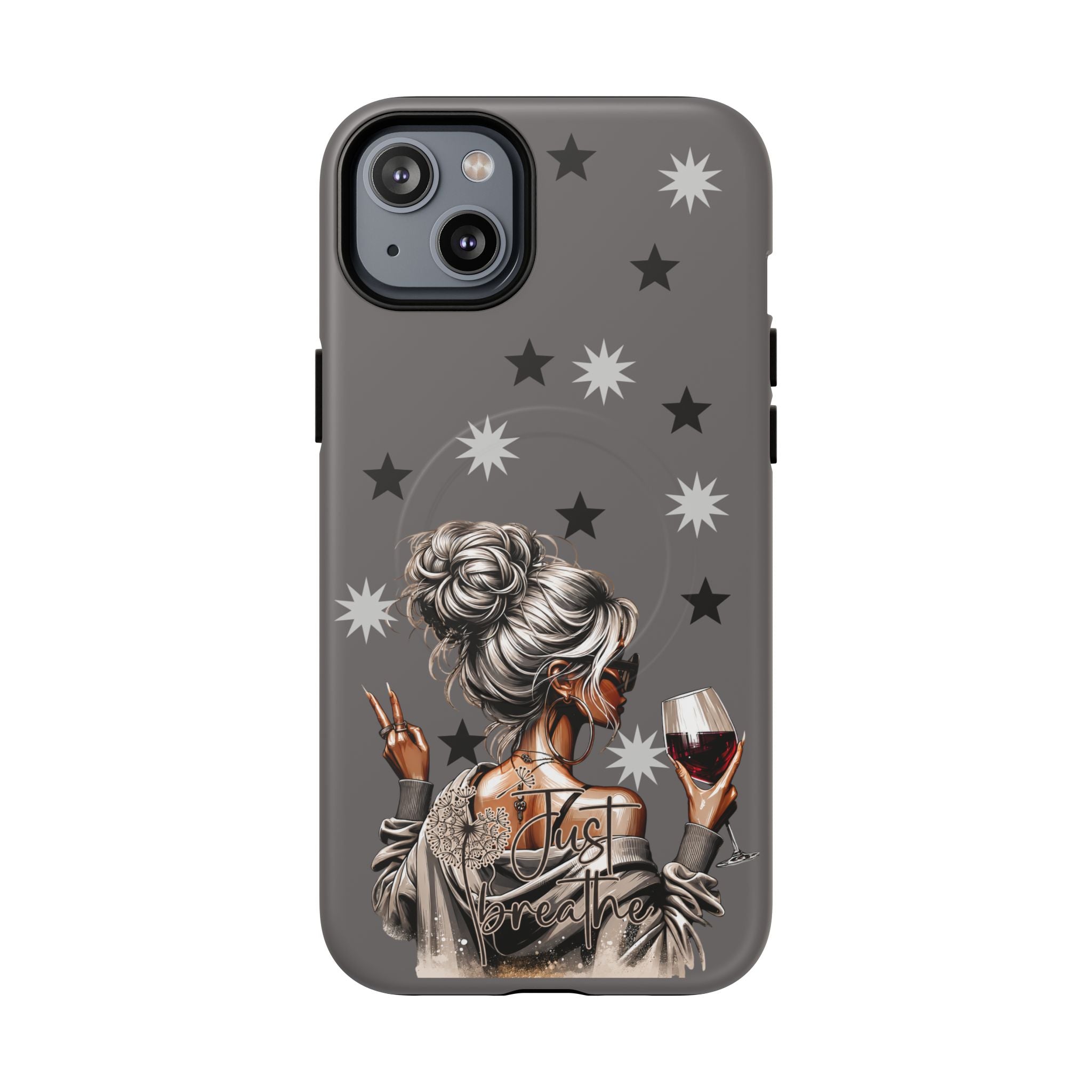 Dark gray phone case with star pattern and illustrated woman holding wine, Just Breathe text