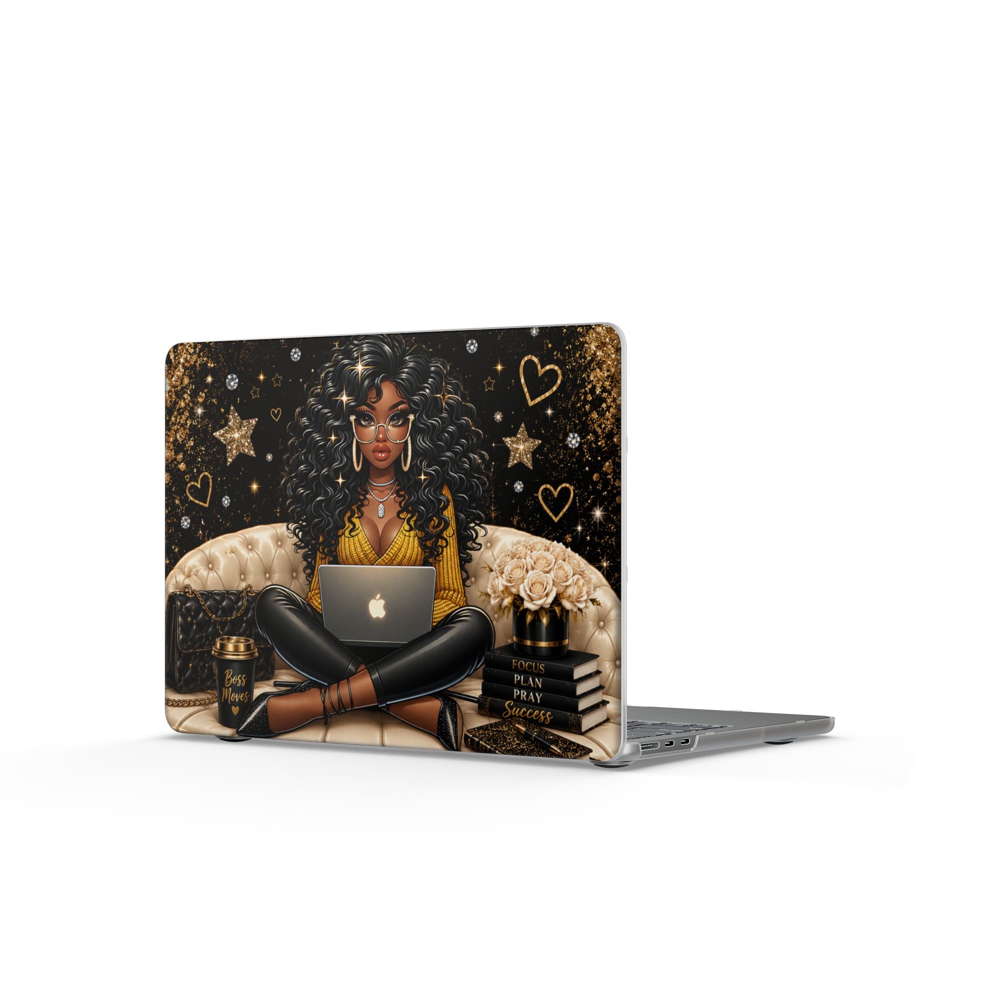 Black Curly Hair Woman with Laptop MacBook Case | Glam Gold Hearts