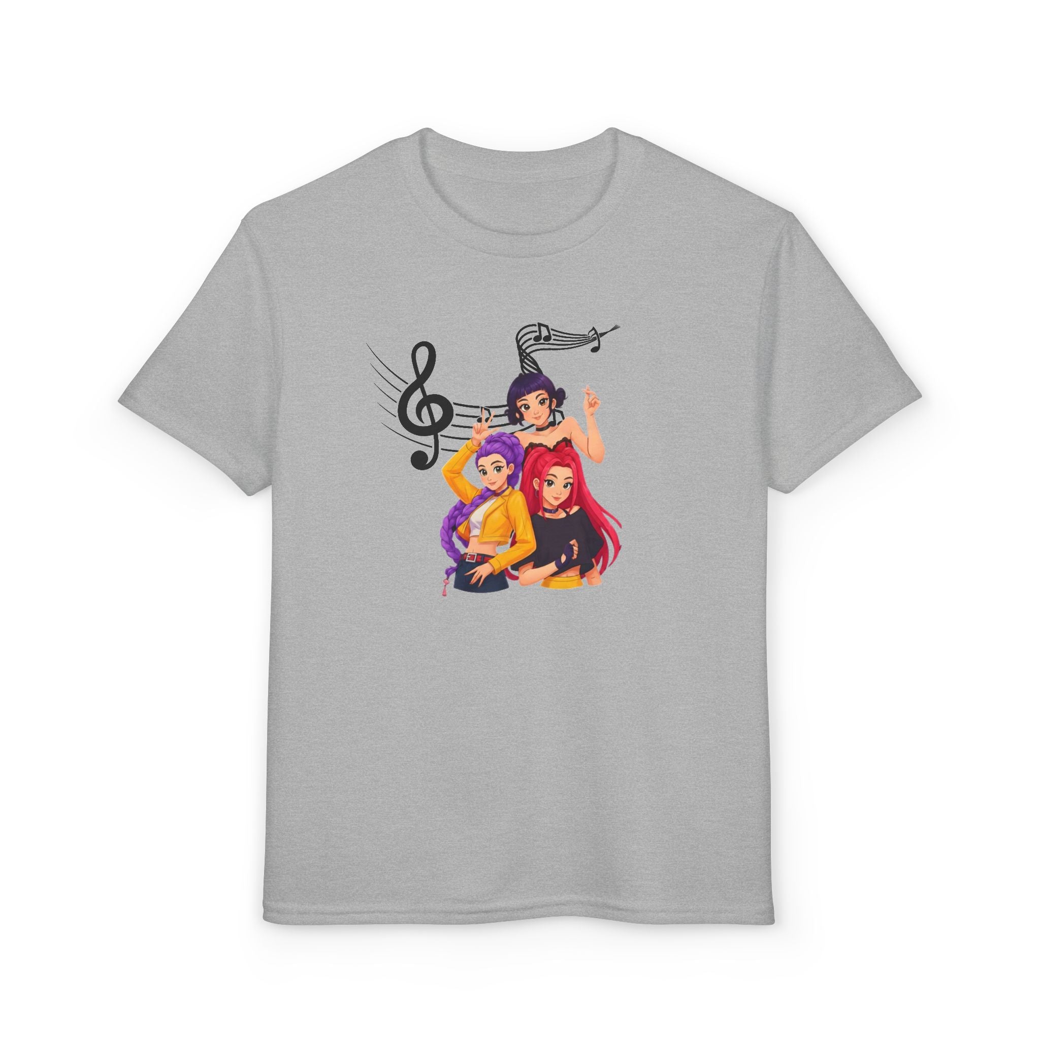 K Pop Demon Hunters- Music Witch T-Shirt — Colorful Girl Trio with Musical Notes