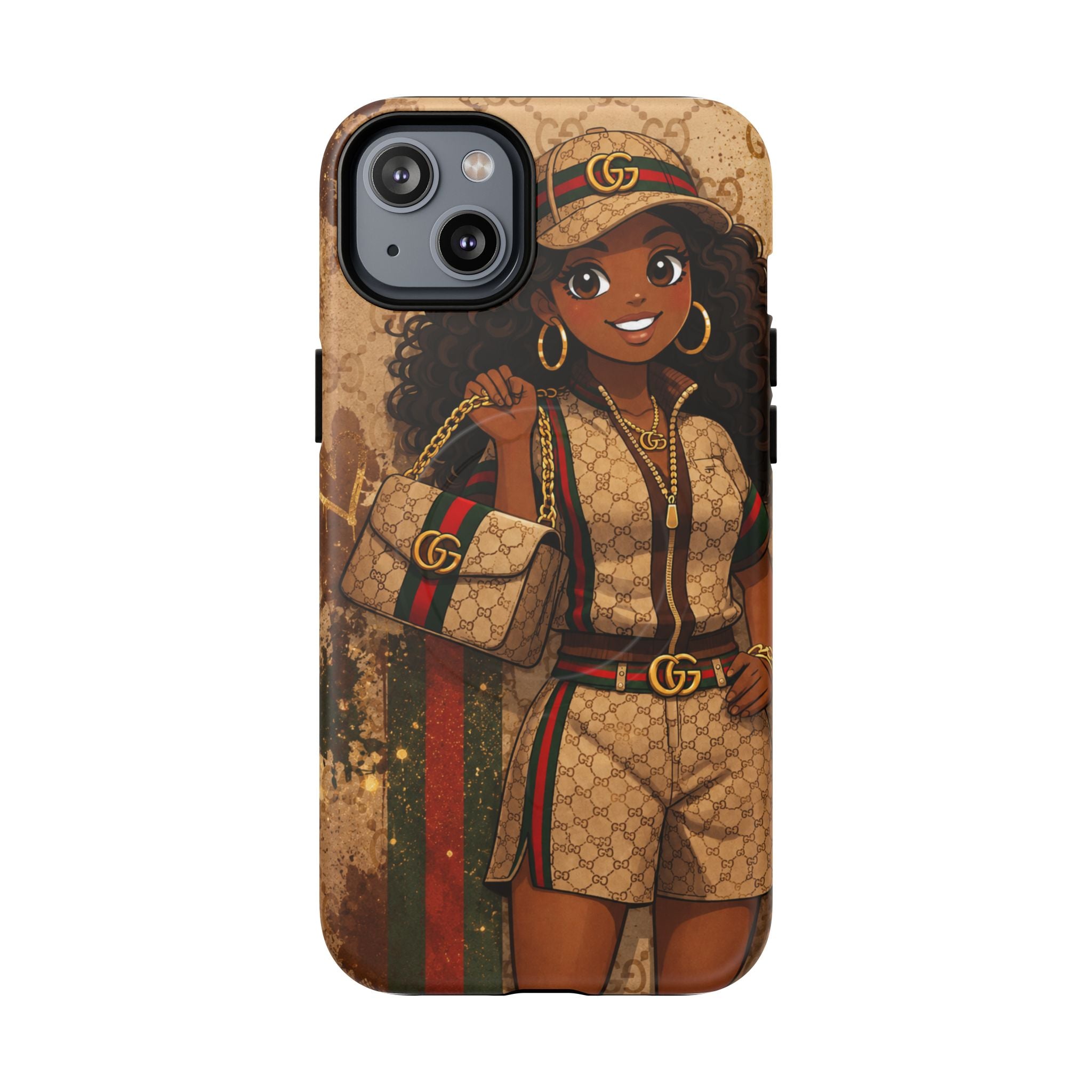 Phone case with gold-brown illustrated woman holding a small purse, black camera module